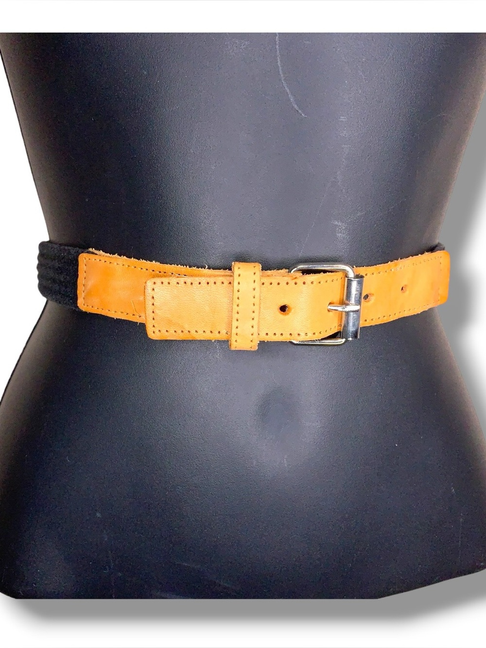 Vintage Small Black Canvas Belt Tan Brown Leather Womens Western